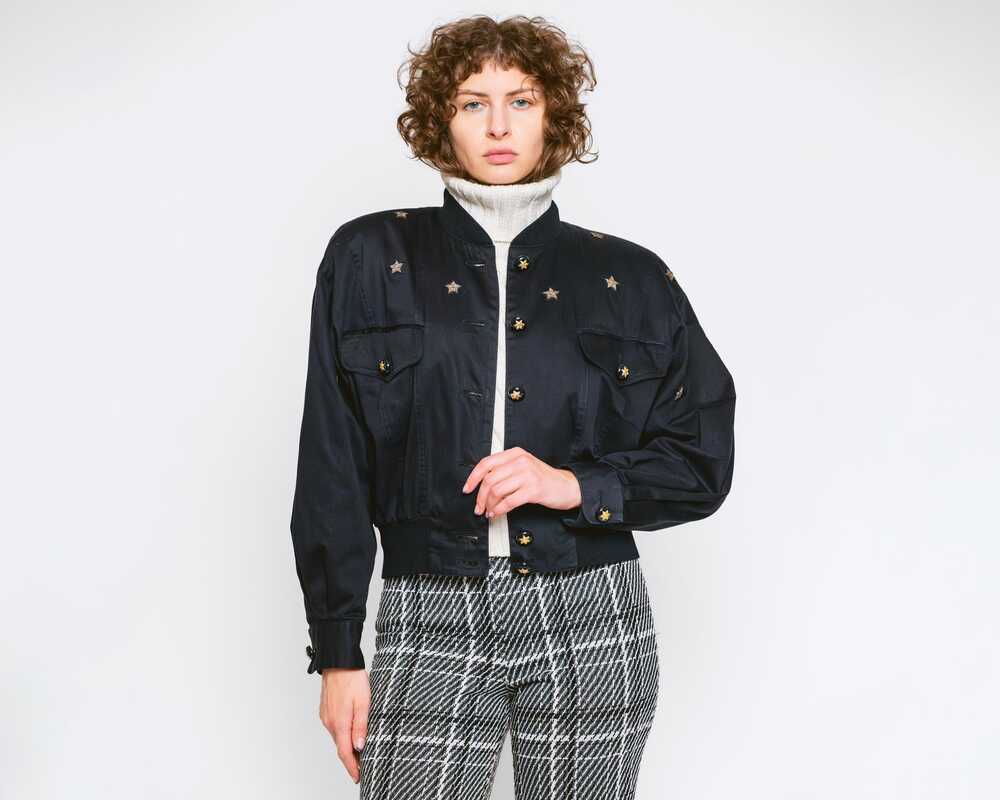 Vintage 80s Escada Black Star Bomber Jacket - Large